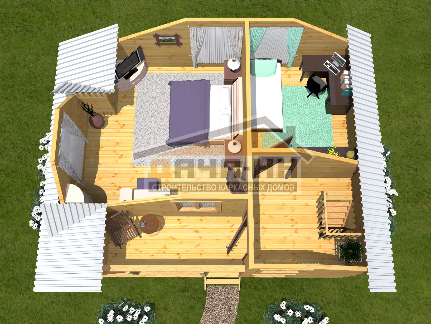 План двухэтажного каркасного дома с террасой и балконом №102